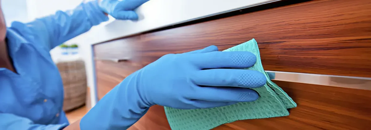Cleaner wearing blue gloves wiping a wooden cabinet drawer with a microfiber cloth for dust and grime removal, Detroit, MI.